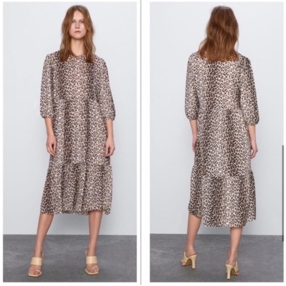Zara leopard print tiered puff sleeve maxi dress - Picture 1 of 11
